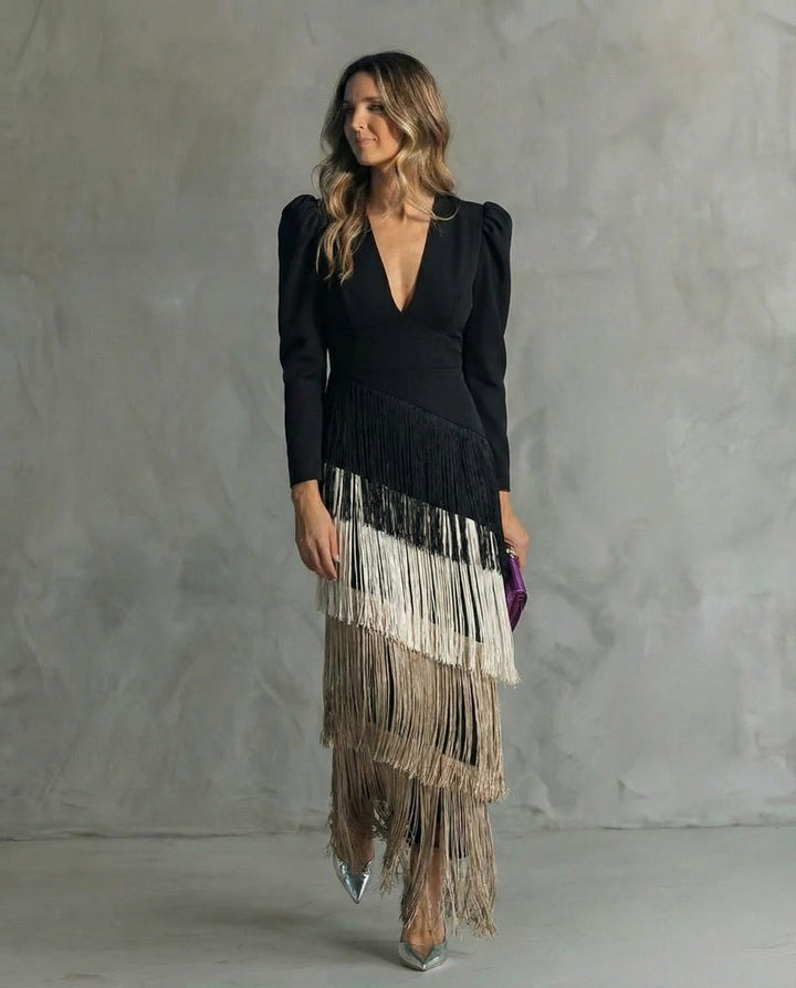 Clara™ | Vestido midi elegante con mangas de flecos