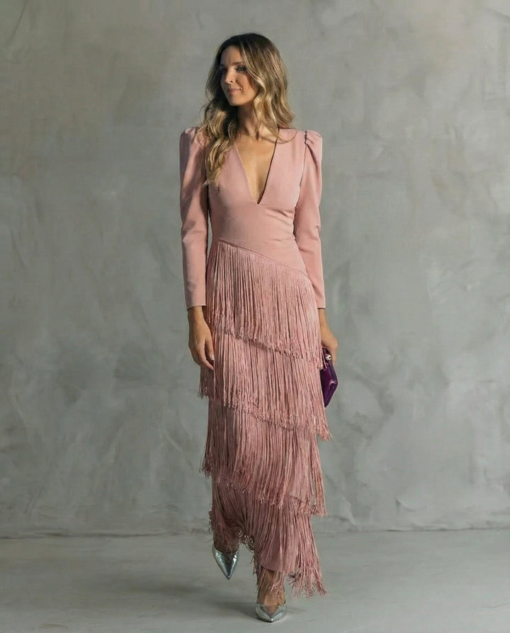 Clara™ | Vestido midi elegante con mangas de flecos