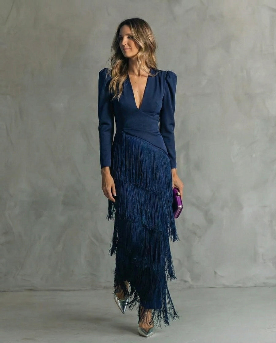 Vestido midi elegante con mangas de flecos - Raúl & Sara Madrid