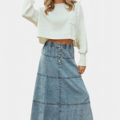 Lorraine Maxi Falda de Denim con Detalles de Plumas - Raúl & Sara Madrid