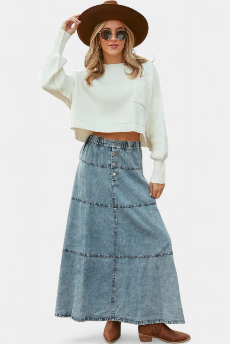 Lorraine Maxi Falda de Denim con Detalles de Plumas
