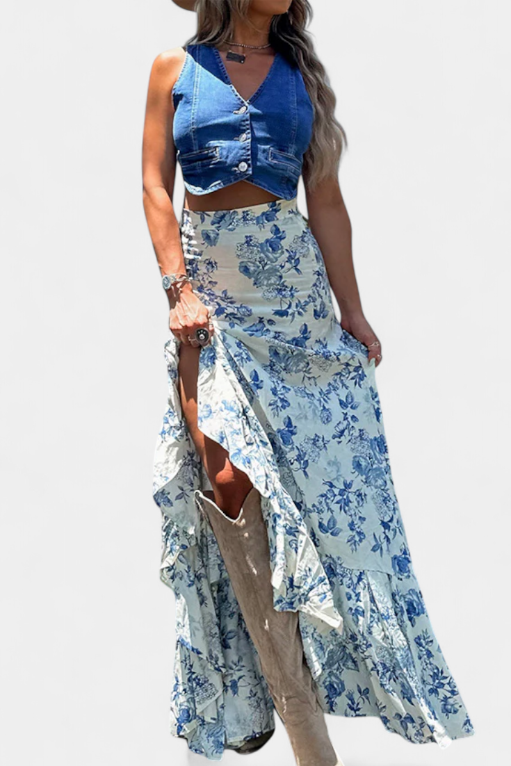 Maxi Falda Floral Kala con Abertura y Volantes - Raúl & Sara Madrid
