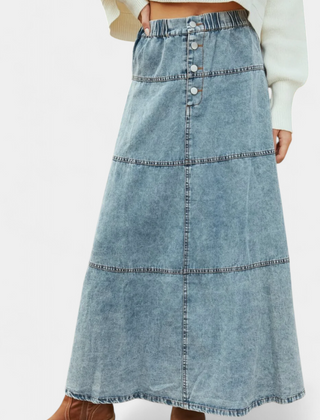 Lorraine Maxi Falda de Denim con Detalles de Plumas - Raúl & Sara Madrid