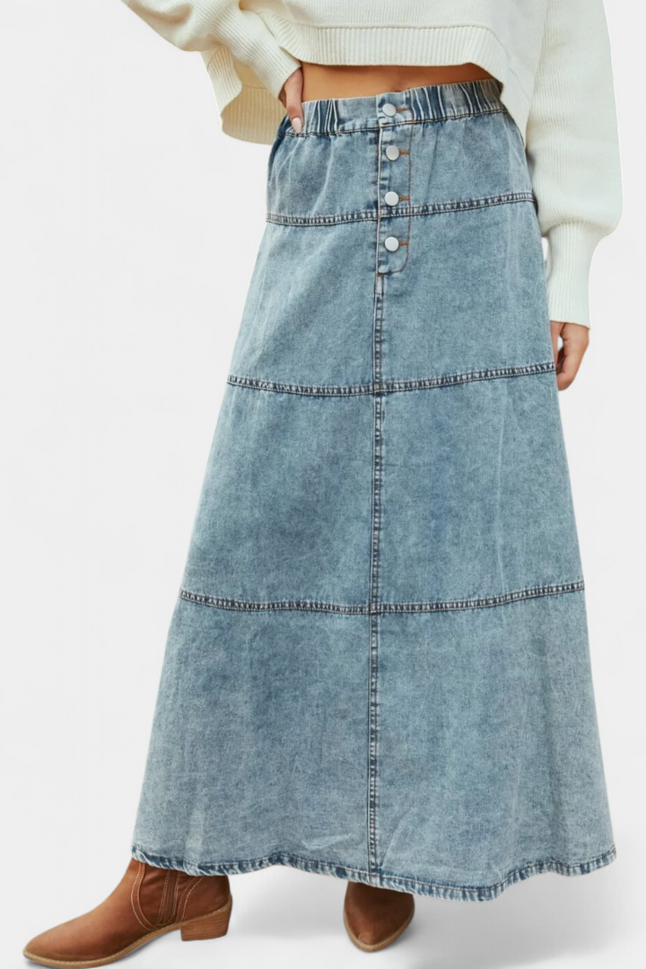 Lorraine Maxi Falda de Denim con Detalles de Plumas