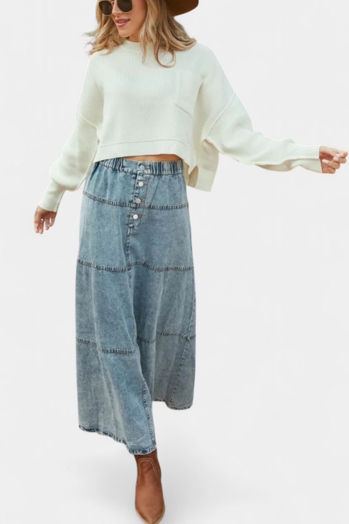 Lorraine Maxi Falda de Denim con Detalles de Plumas