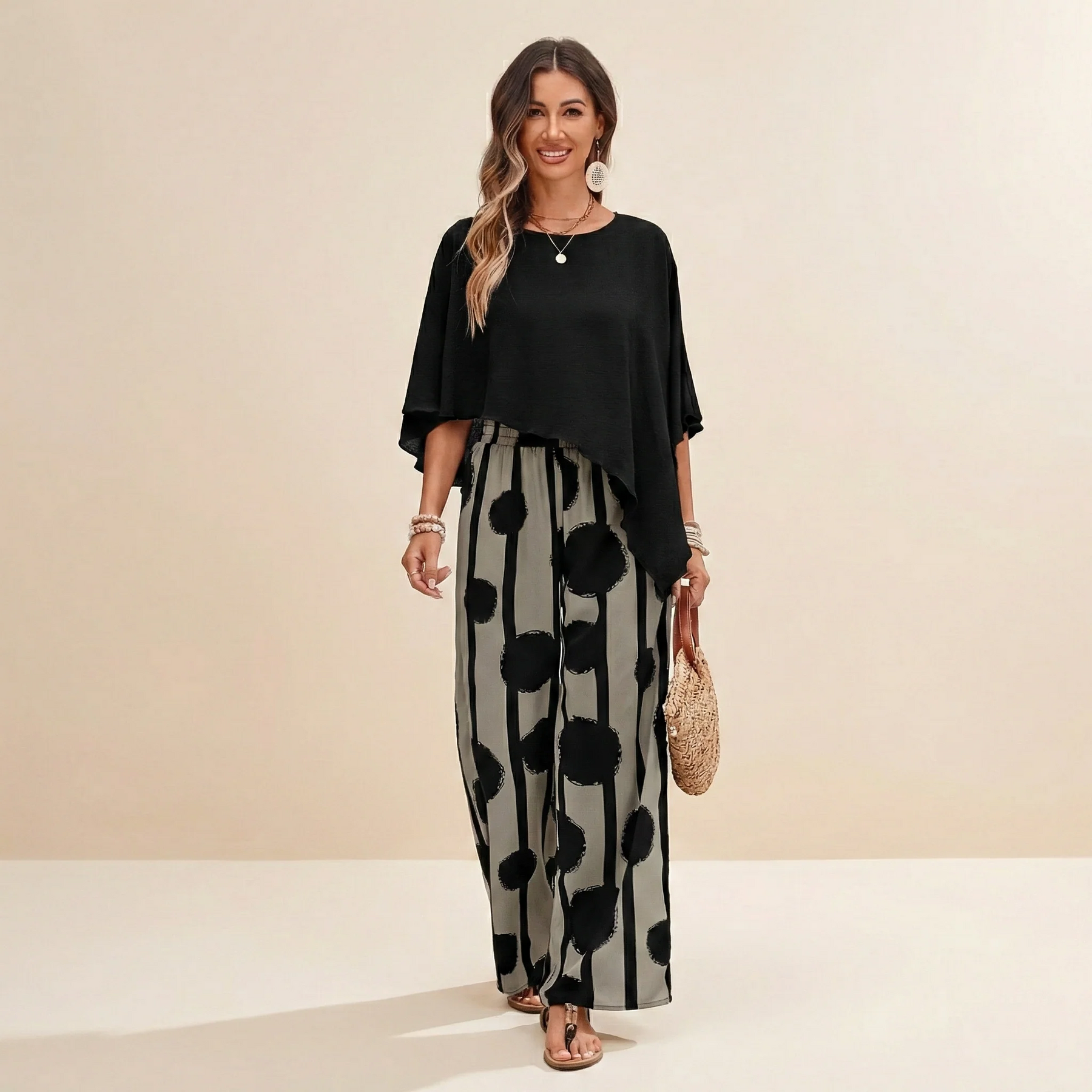 Conjunto mujer elegante dos piezas moderno – outfit artístico pantalón y top fluido