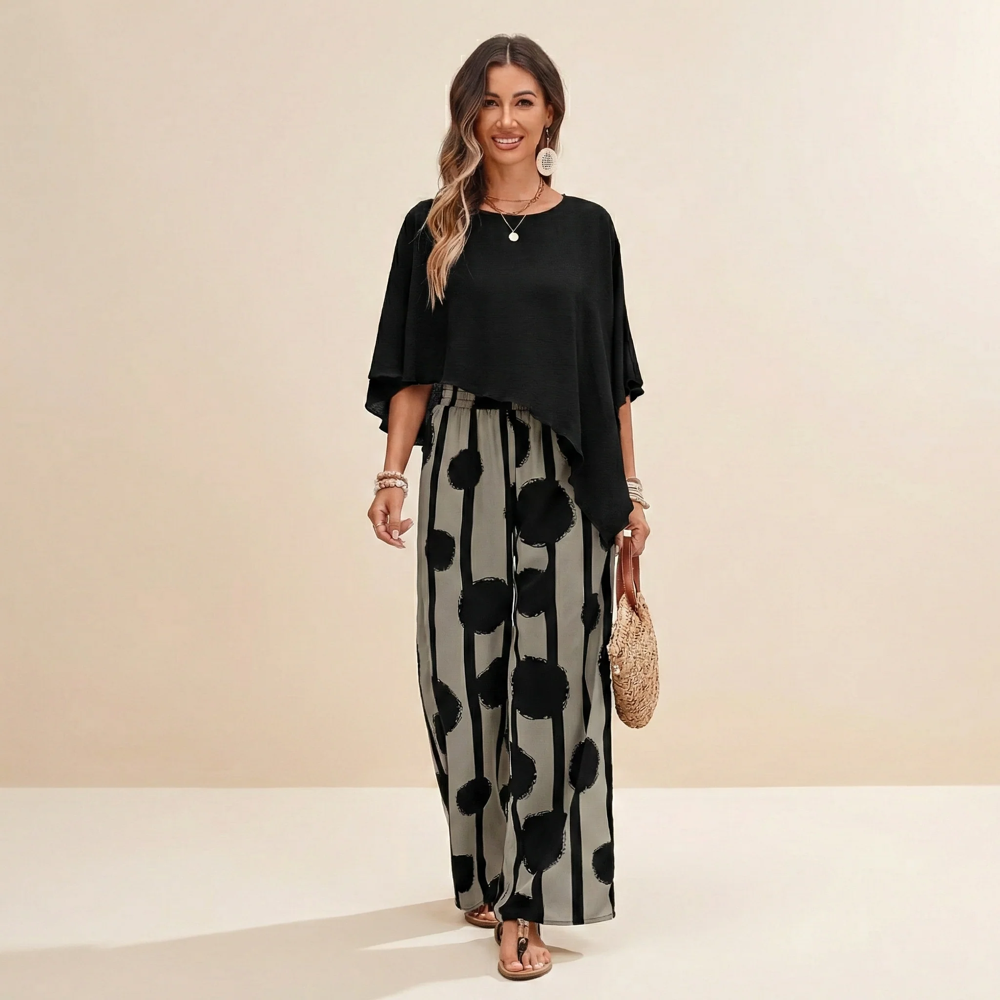 Conjunto mujer elegante dos piezas moderno – outfit artístico pantalón y top fluido