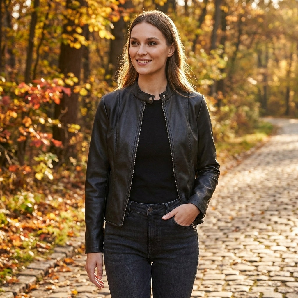 Chaqueta biker con cuello mao