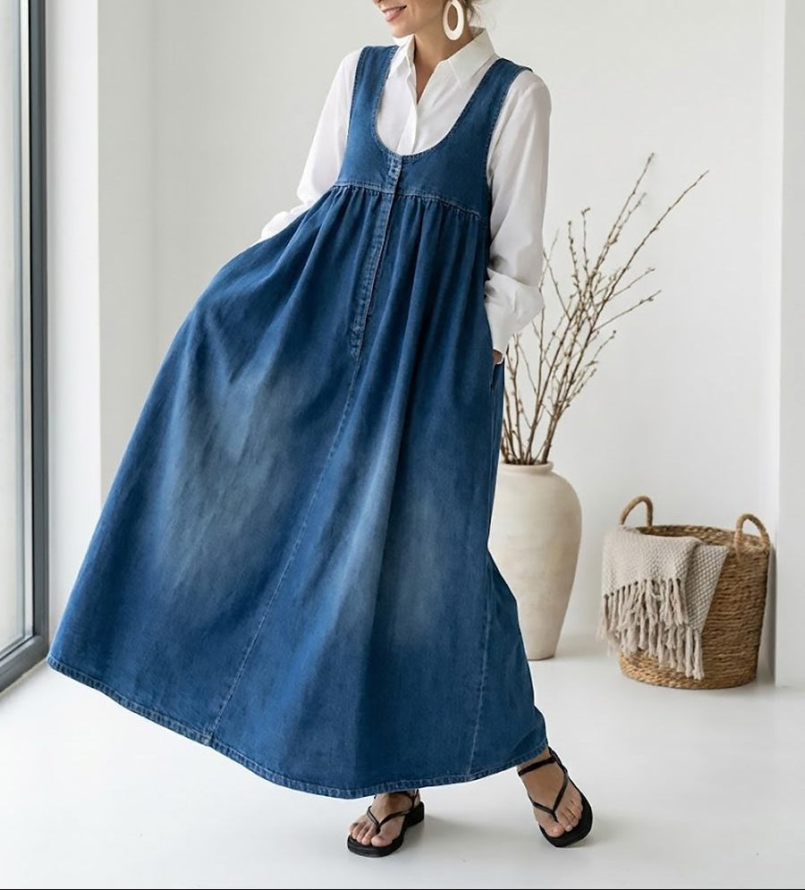 Gumersinda™ | Vestido Maxi de Jean Lavado con Tirantes