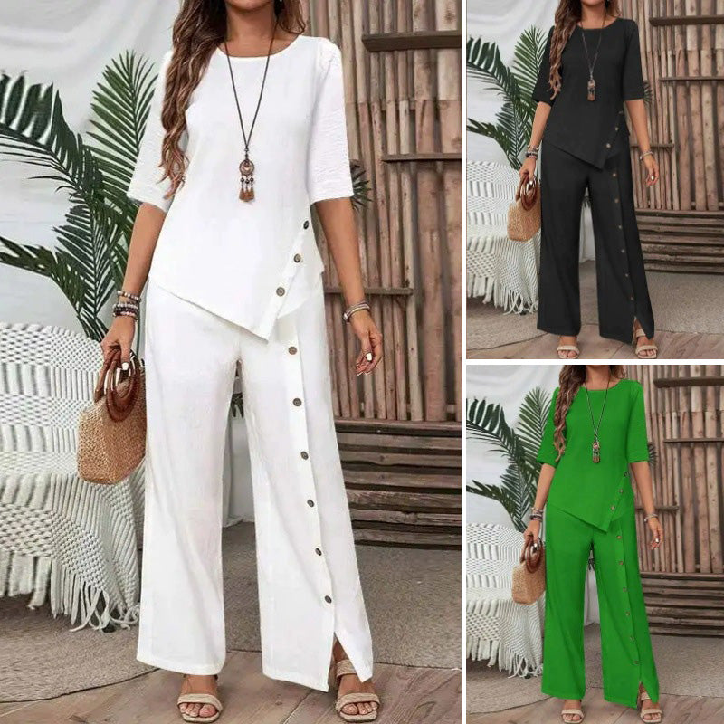 Conjunto casual elegante con top asimétrico y pantalón de corte amplio - Raúl & Sara Madrid