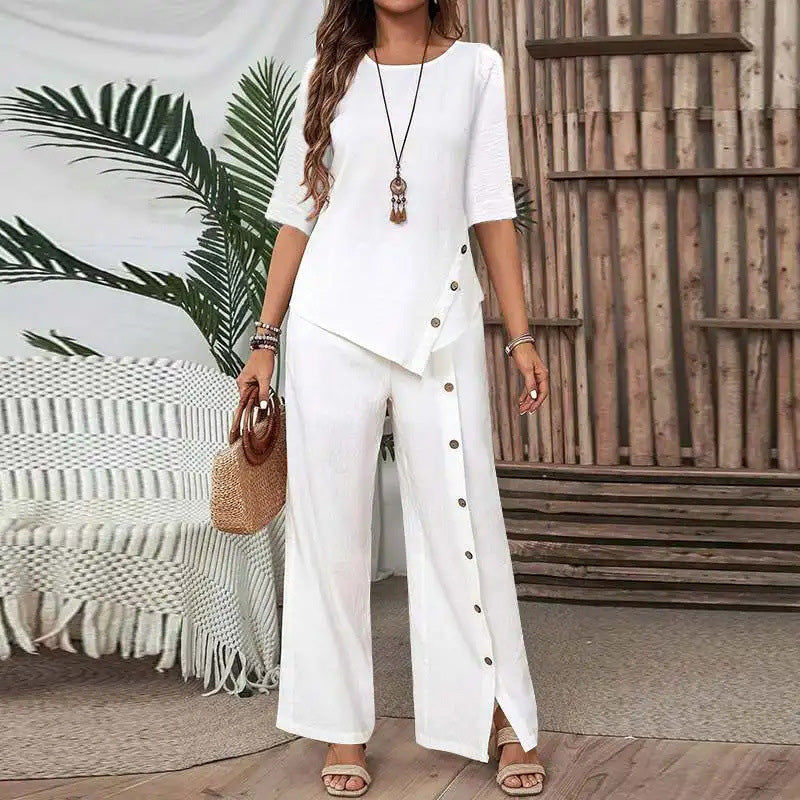 Conjunto casual elegante con top asimétrico y pantalón de corte amplio - Raúl & Sara Madrid