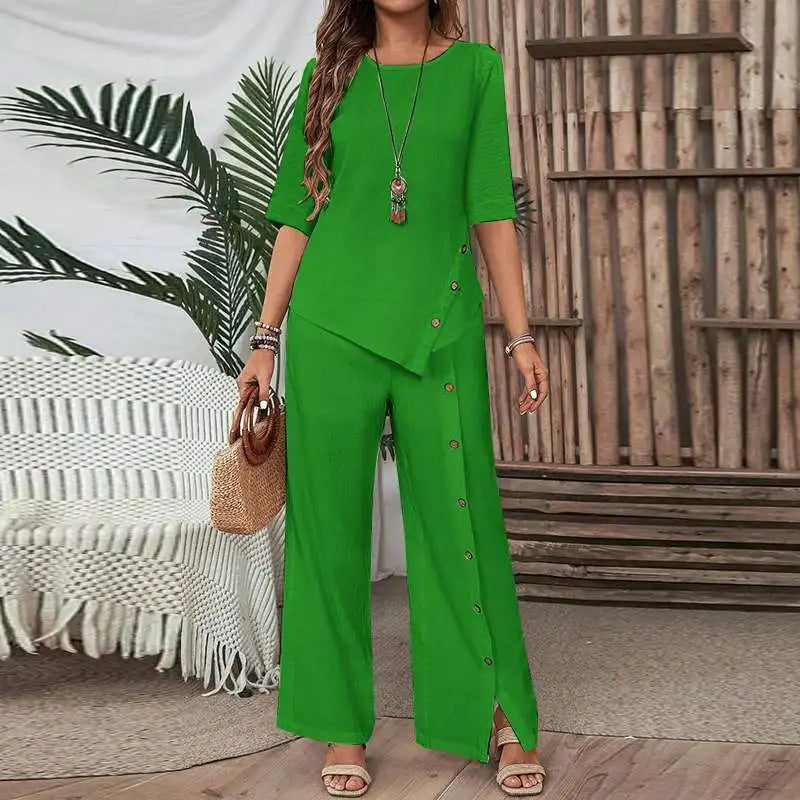 Conjunto casual elegante con top asimétrico y pantalón de corte amplio - Raúl & Sara Madrid