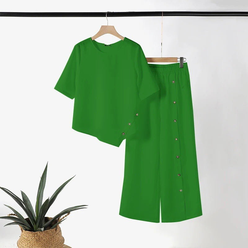 Conjunto casual elegante con top asimétrico y pantalón de corte amplio - Raúl & Sara Madrid