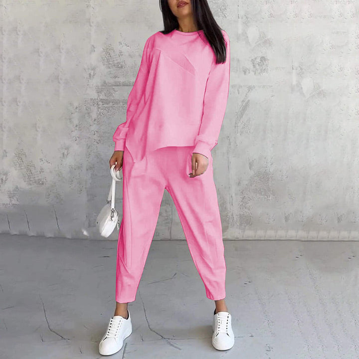 Conjunto de dos piezas para mujer: sudadera de manga larga con bajo asimétrico y pantalón.