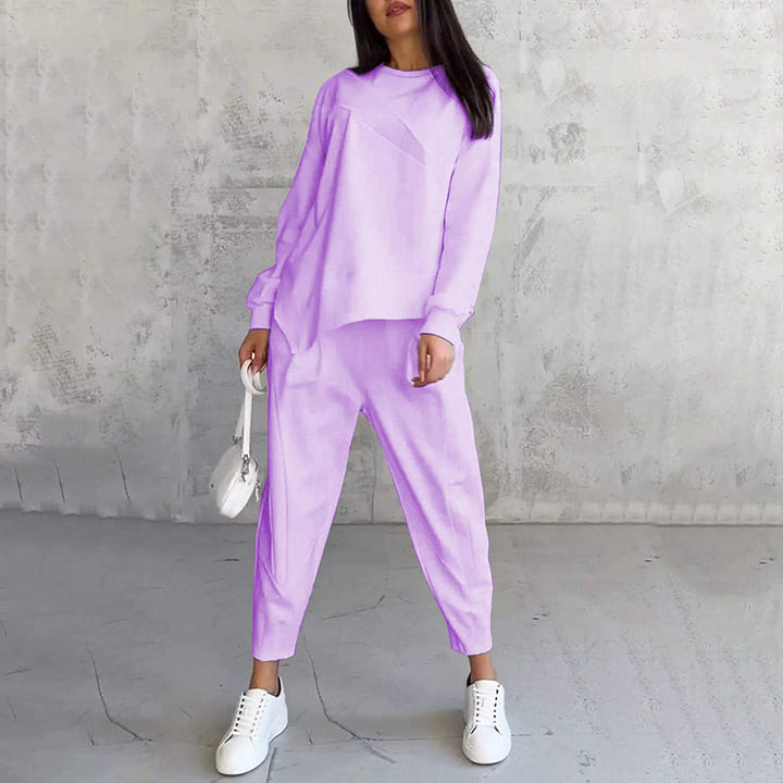 Conjunto de dos piezas para mujer: sudadera de manga larga con bajo asimétrico y pantalón.