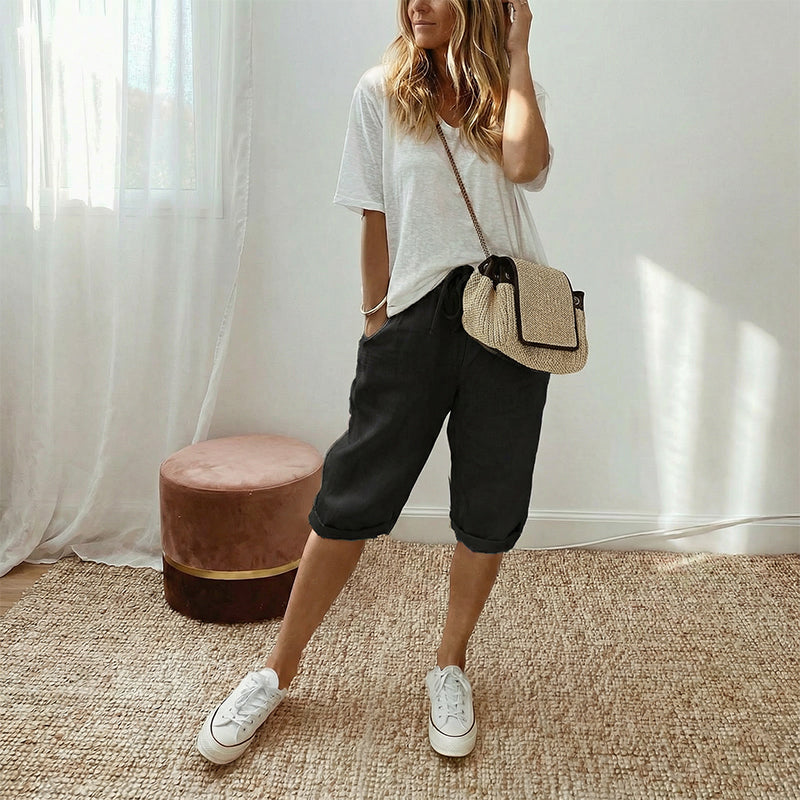 Pantalón capri informal de algodón y lino para mujer - Raúl & Sara Madrid