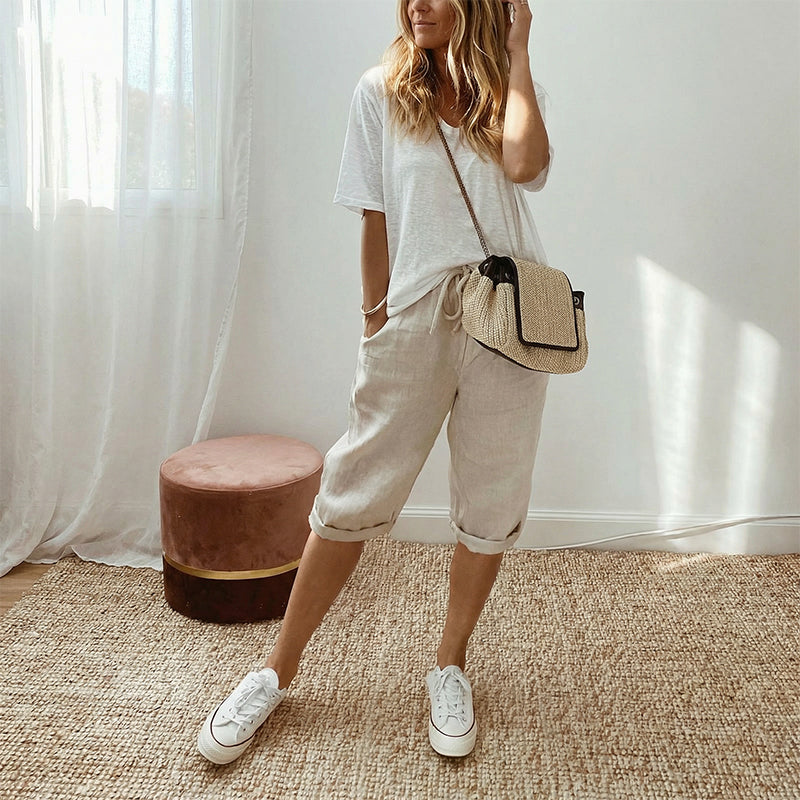 Pantalón capri informal de algodón y lino para mujer - Raúl & Sara Madrid