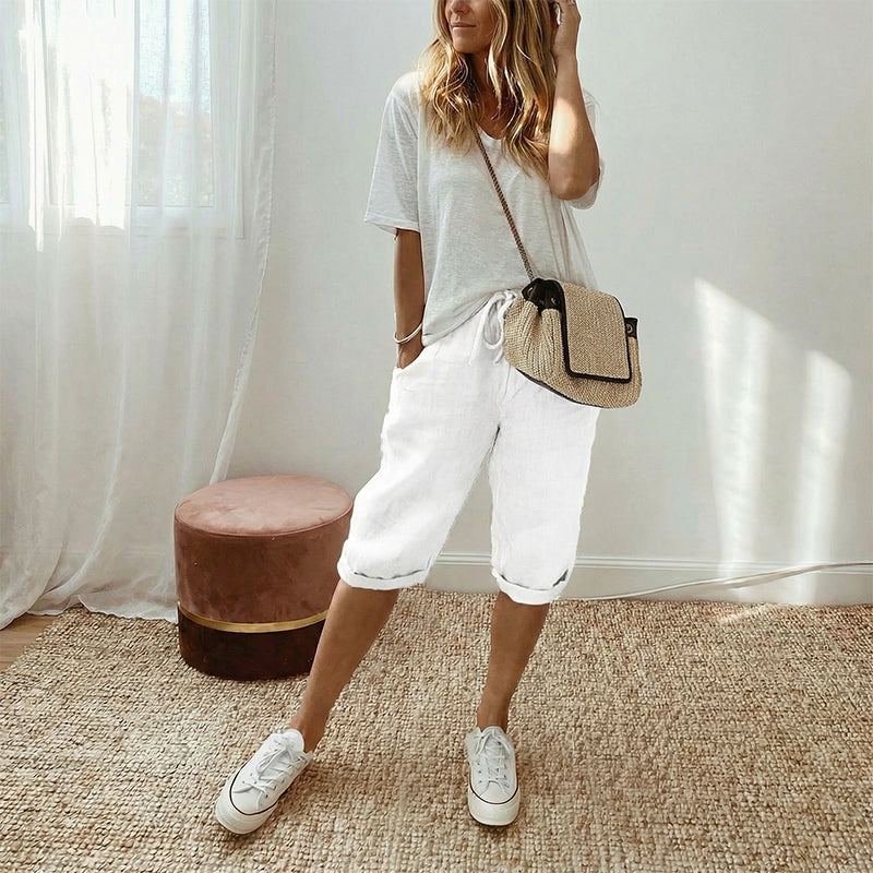 Pantalón capri informal de algodón y lino para mujer - Raúl & Sara Madrid