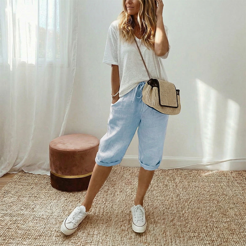 Pantalón capri informal de algodón y lino para mujer - Raúl & Sara Madrid