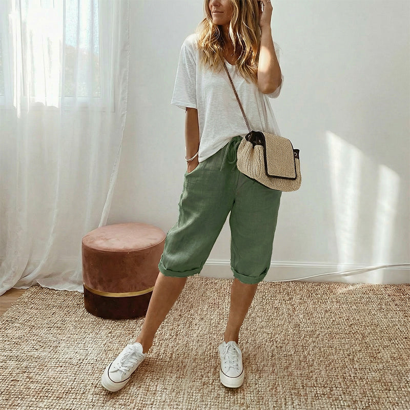 Pantalón capri informal de algodón y lino para mujer - Raúl & Sara Madrid
